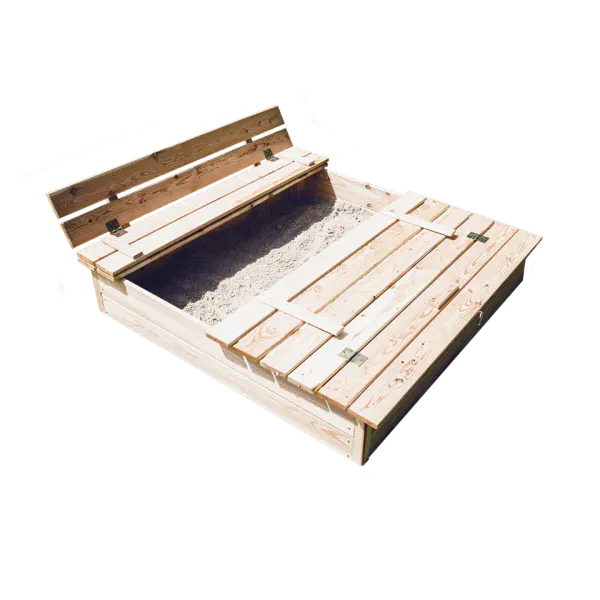 Sandkasse med benk og lokk i lerk – 120 × 120 cm
