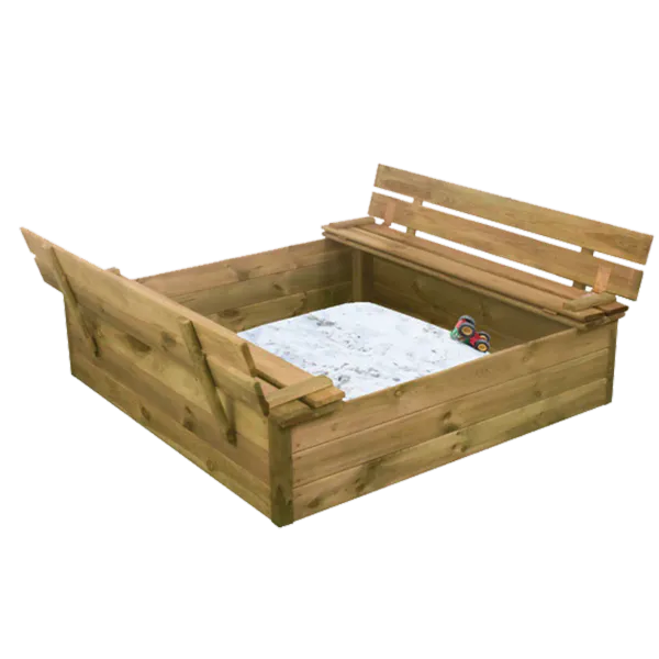 Sandkasse med benk og lokk – 120 × 120 cm
