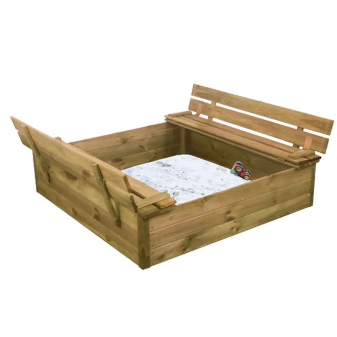Hovedbilde Sandkasse med benk og lokk – 120 × 120 cm